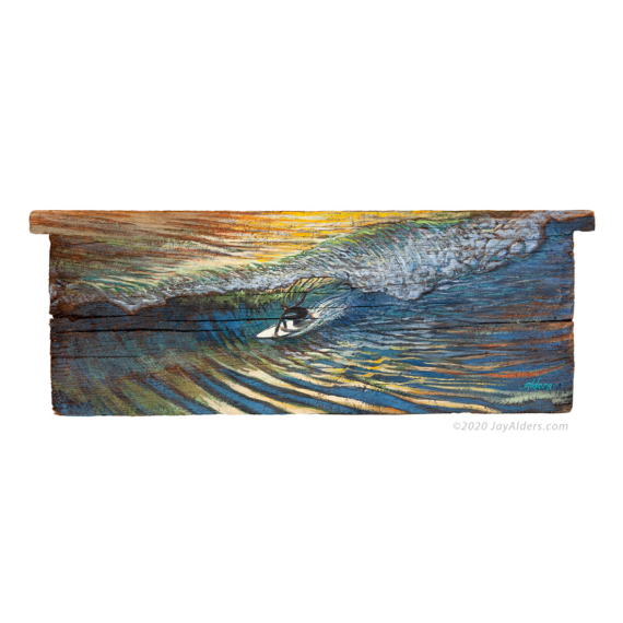 surfer painting on driftwood