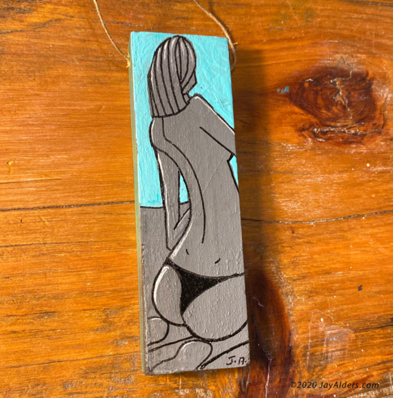 Figurative mini painting on wood of a girl in bikini bottoms