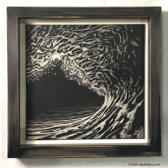 modern surf art drawing on scratchboard by jay alders