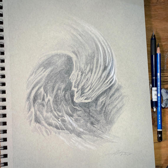 Pencil drawing of a big ocean wave