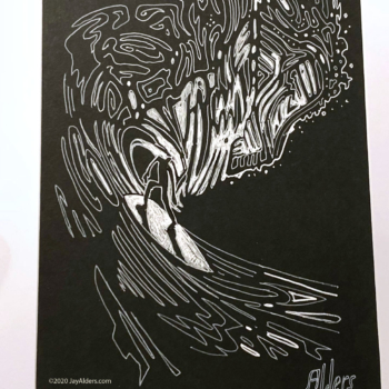 Modern art line drawing white on black of a surfer in a big wave barrel