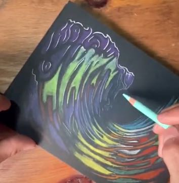Trippy Ocean wave illustration in colored pencils by artist Jay Alders