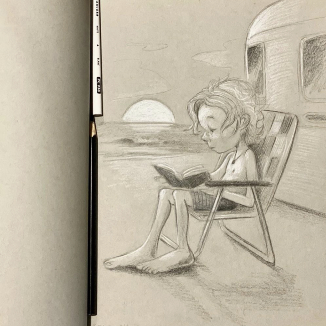 Childrens book illustration by Jay Alders of a surfer kid