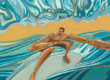 Artwork of a surfer with tattoos in a big wave by fine artist Jay Alders