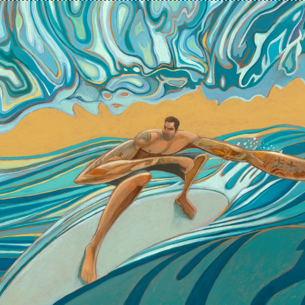 Artwork of a surfer with tattoos in a big wave by fine artist Jay Alders