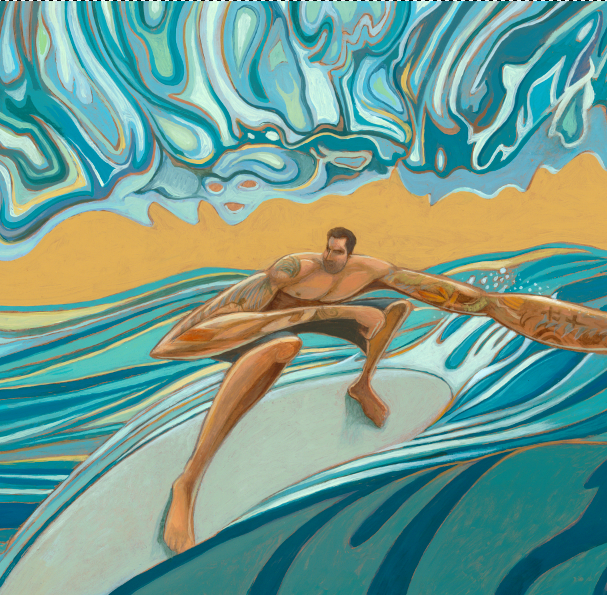 Artwork of a surfer with tattoos in a big wave by fine artist Jay Alders