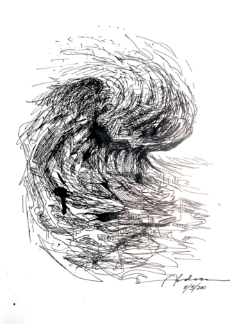 modern ocean wave ink drawing by artist Jay Alders