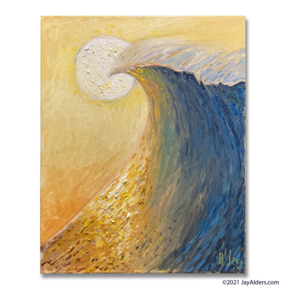 Modern oil painting of a stylized wave at sunset or sunrise by Jay Alders