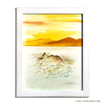 Watercolor painting of a surfer at sunset by Jay Alders
