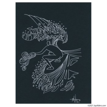 Line art modern surf drawing by surfer artist Jay Alders. White ink on black paper