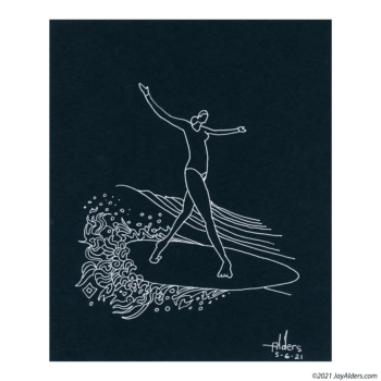 Elegant cross stepping longboard surfer girl drawn by modern surf artist Jay Alders. White ink on black vellum paper.