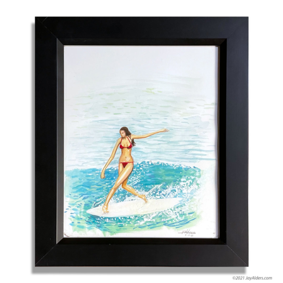 longboard surfer girl painting by artist Jay Alders in a black frame