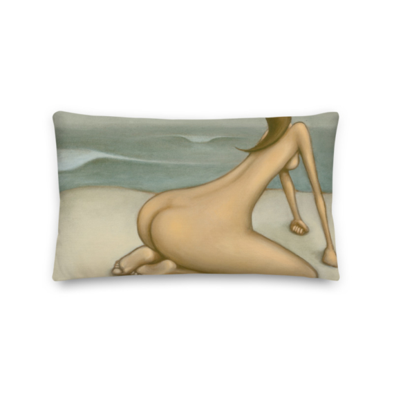 figurative beach bathing woman on the beach painted by Jay Alders as a throw pillow