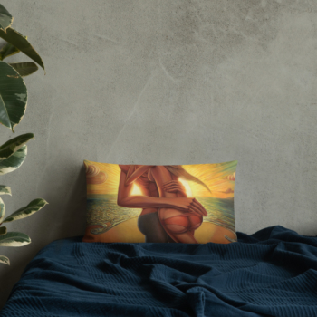 beaming with abundance - Romantic beachy love scene painted by artist Jay Alders on a throw pillow