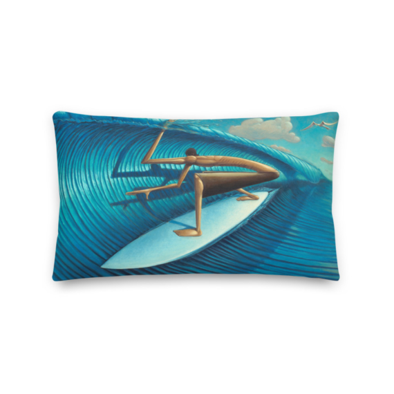 abstract elongated surfer art throw pillow in teal by Jay Alders