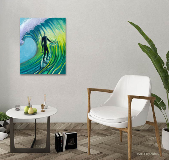 modern art print of a surfer painted in bright green and teal colors by Jay Alders