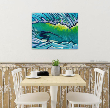 Bright blue and teal and green Surfer artwork for beach house themed decor by artist Jay alders
