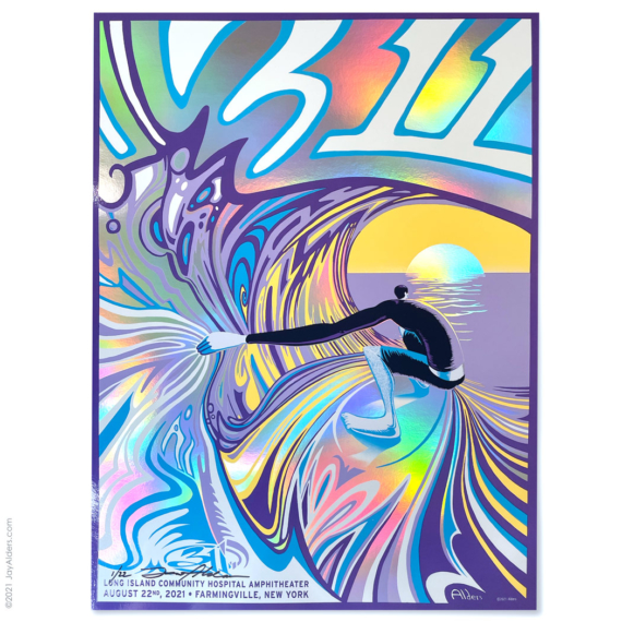 311 Gig Poster on rainbow foil of an elongated surfer riding a wave by artist Alders