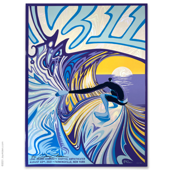 311 Swirl Rainbow Marble AP Color variation gig poster for Farmingville, NY 2021- Surfer on a wave by artist Jay Alders