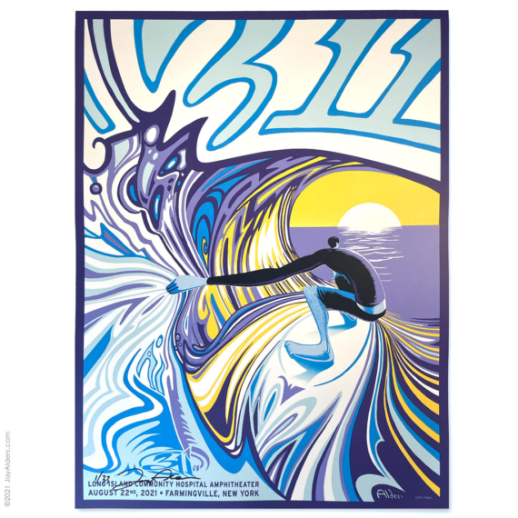 311 Gig Poster AP Print of a stretched out elongated surfer getting barreled - Poster for Farmingville, NY 2021 by Artist Jay Alders