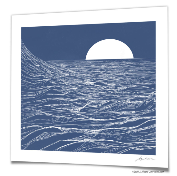 Driving Seas - White on blue artwork of the ocean by Jay Alders