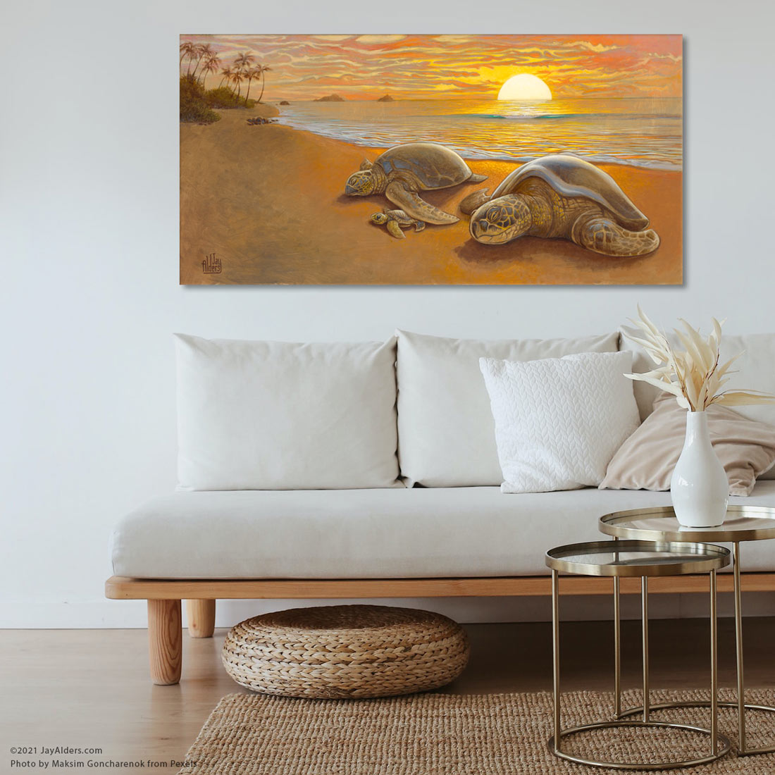 Sunset in Hawaii with a family of Sea turtles - art print bv Jay Alders