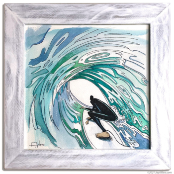 Barreled 81121 - Original surfer watercolor in custom white distressed frame by Jay Alders