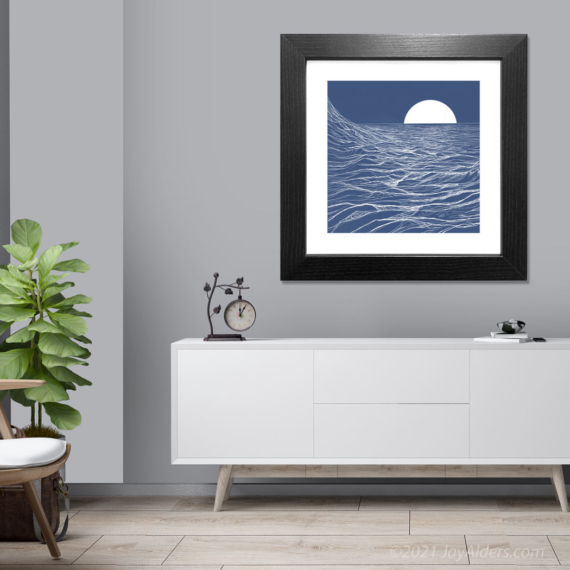 Driving Seas- Modern line art of the ocean. White on blue by contemporary artist Jay Alders. Shown in frame.