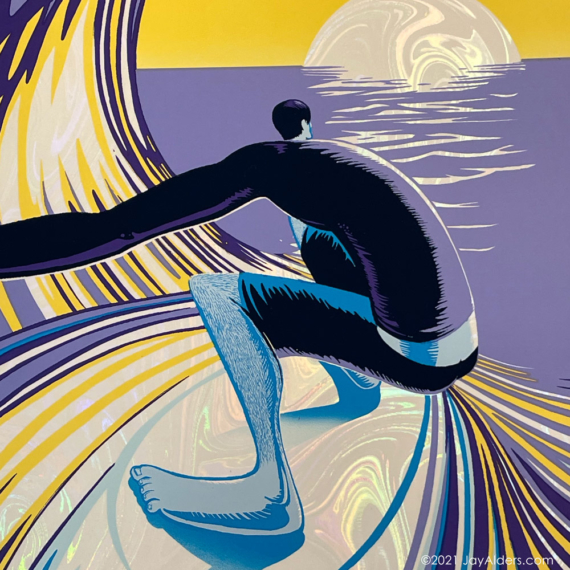 Marble swirl rainbow foil 311 Farmingville NY gig poster of an elongated stylized surfer by Jay Alders