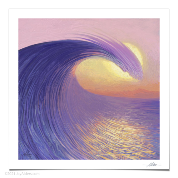 Stylized Contemporary Ocean wave painted in purple and yellow and pink tones by Jay Alders