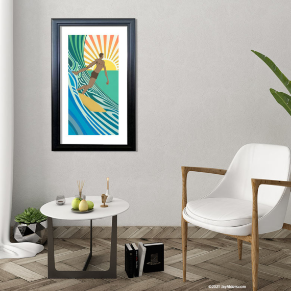 framed art print of a stylized surfer