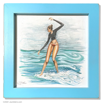 Lady longboarder 91821 Surfer watercolor painting in blue frame by Jay Alders