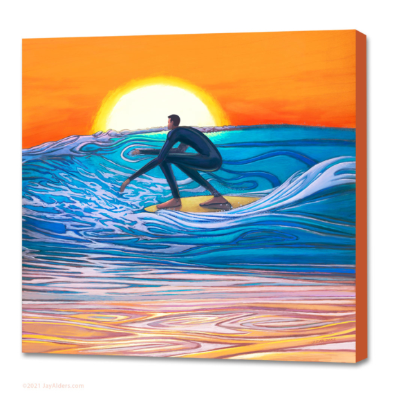 Sundown Showdown - Contemporary Art print on canvas of a surfer by Jay Alders