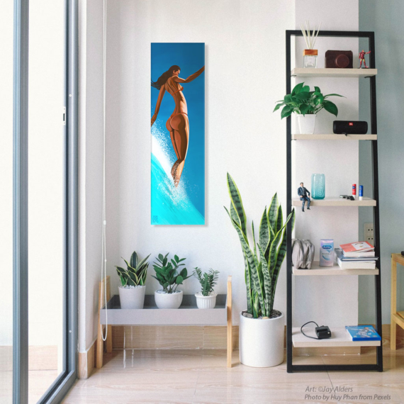 The Wave Dancer - Modern stylized and elongated surfer girl riding the nose in a contemporary art print on canvas by Jay Alders