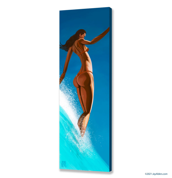 The Wave Dancer - Elongated tall surfer girl contemporary artwork of a woman hanging ten by artist Jay Alders