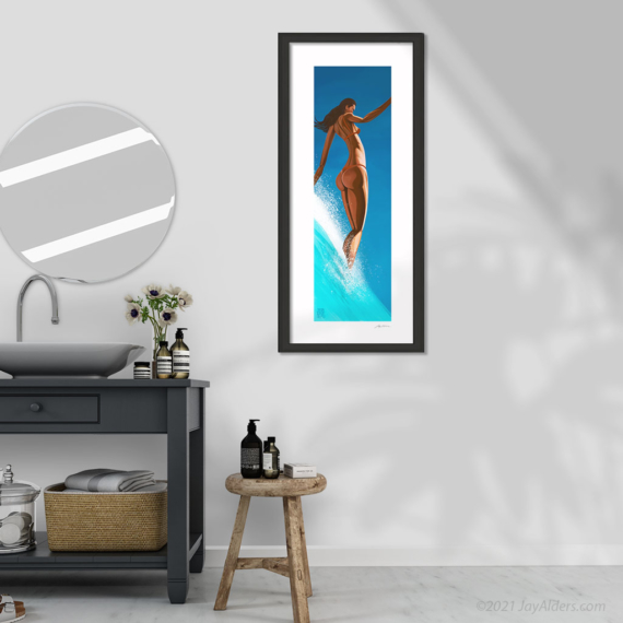 The Wave Dancer - Elongated tall surfer girl contemporary art print on giclee paper of a woman hanging ten by artist Jay Alders in frame