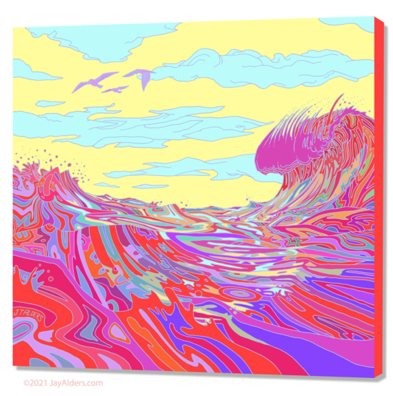 Mass Trip - Trippy, surreal, ocean art print by Jay Alders in reds, purple and yellow swirls