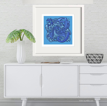 Hydroglyphics # 4 abstract aquatic inspired art in white modern frame by artist Jay Alders