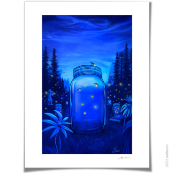 Summer's Dreamy Night Art Print of fireflies and little girl