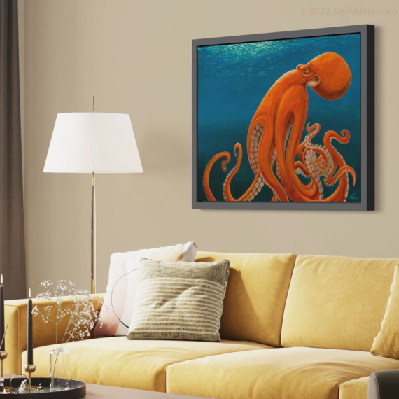 Contemporary Orange Giant Pacific Octopus Art Print on canvas in frame in modern interior by Jay Alders