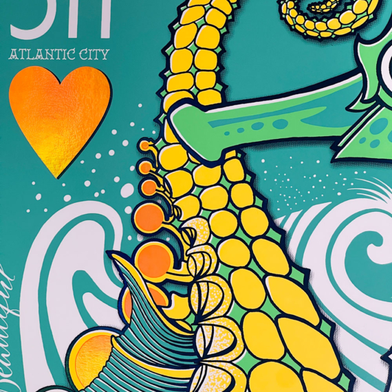 311 of Hearts poster Atlantic City 2022 of seahorses by Jay Alders on rainbow foil
