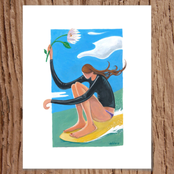Ocean Flower - Gouache painting of a surfer girl holding a flower and riding a wave by Jay Alders