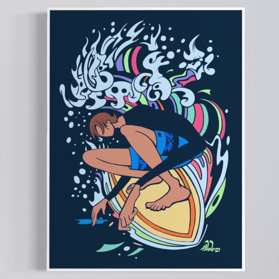Stylized surfer colorful and whimsical artwork by Jay Alders