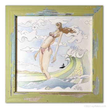 Surfer Girl # 91222 Original Watercolor painting in distressed wooden frame by Jay Alders