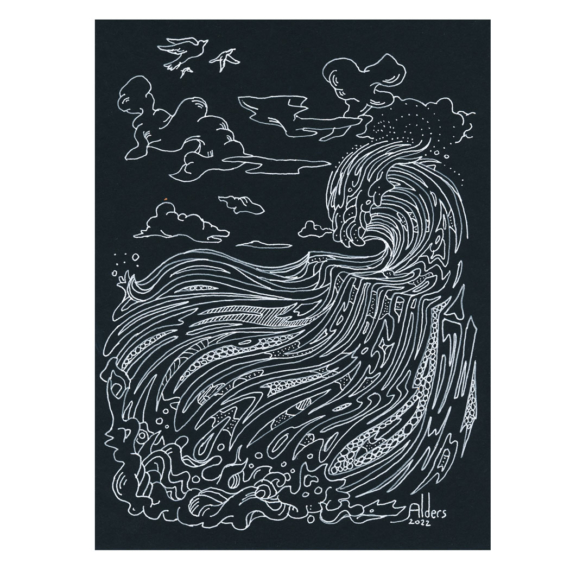 Wave 91322 Original ink drawing of the ocean in a modern contemporary stylized style by Jay Alders