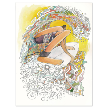 Surfer 10622 - Original watercolor and ink painting of a trippy, modern surfer in a colorful wave