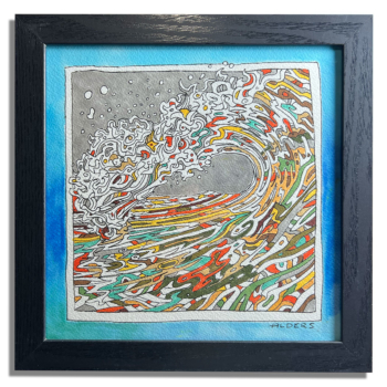 Modern, surreal, and colorful ocean wave drawing in a black frame by artist Jay Alders