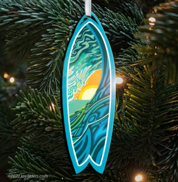 Longbech Crest, surfing artwork christmas ornament for surfers by Jay Alders