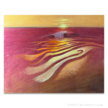 contemporary oil painting of an ocean wave at sunset or sunrise by Jay Alders