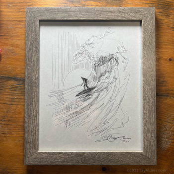 Ink sketch of a surfer in a frame